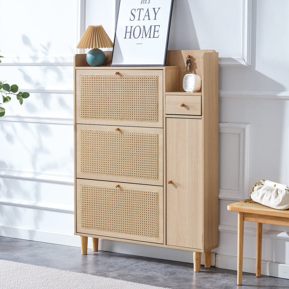 English Elm Modern minimalist wood rattan shoe cabinet with vine design – compact MDF storage for halls, living rooms W1512P360384