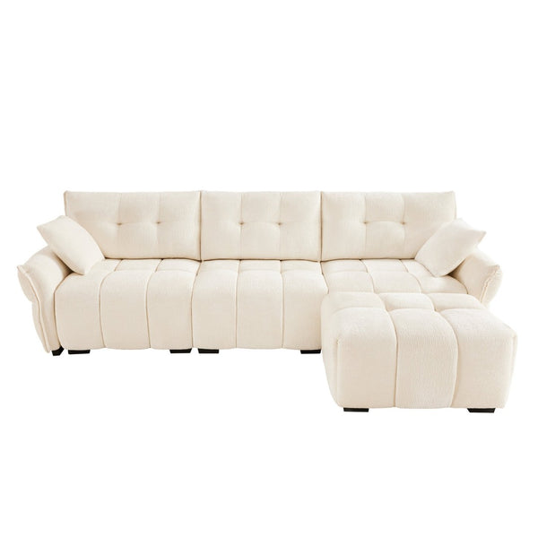 English Elm Three Seater Chenille Sofa with Ottoman Solid Wood Base Tufted Arms Living Room White W714S01653