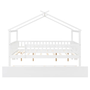 English Elm Full Size Pine House Bed with Roofline Frame and Roll Out Twin Trundle for Kids LP100306AAK