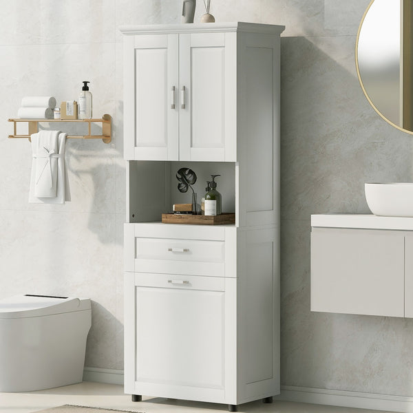 English Elm Tall Bathroom Cabinet with Tilt-Out Laundry Hamper, Adjustable Shelves, Anti-Tip Design & Large Storage White WF323481AAK