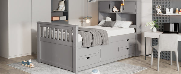 English Elm Twin Captain Platform Bed with Bookcase Headboard Four Drawers Pine Mdf Frame Gray GX001828AAE-1