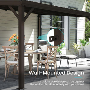 English Elm 10x14ft Lean to Hardtop Gazebo Wall Mounted Steel Roof Shelter for Deck Porch Brown W1859S00196