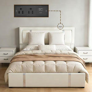 English Elm Queen Platform Bed Wingback Diamond Quilted Headboard Led Lighting Storage Drawers White W5722P462694
