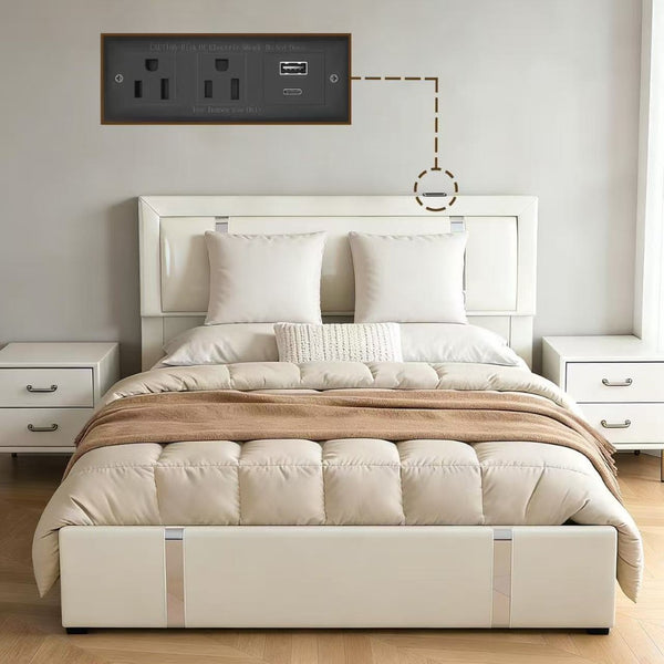 English Elm Queen Platform Bed Wingback Diamond Quilted Headboard Led Lighting Storage Drawers White W5722P462694
