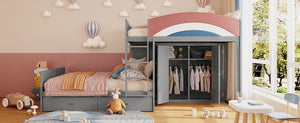 English Elm Full Size Offset Bunk Bed with Wardrobe Hanging Rod Drawers and Upholstered Rail Gray N820S00081E