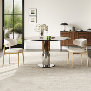 English Elm 35-inch Round Tempered Glass Dining Table with Steel Base for Small Apartments W509S00162