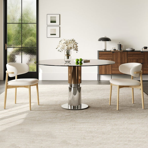 English Elm 35-inch Round Tempered Glass Dining Table with Steel Base for Small Apartments W509S00162