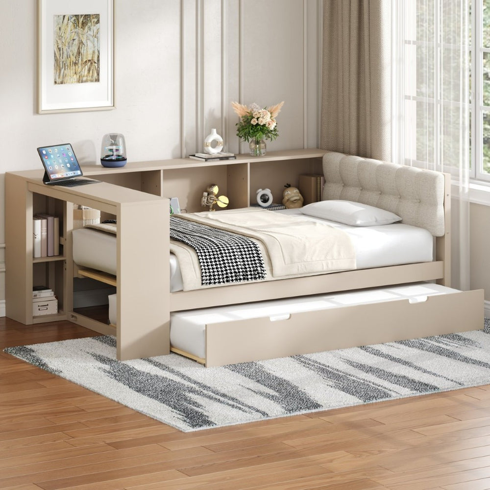 English Elm Wood Twin Platform Bed Linen Headboard Storage Shelves Trundle Charging Station Cream N709P004023C