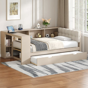 English Elm Wood Twin Platform Bed Linen Headboard Storage Shelves Trundle Charging Station Cream N709P004023C