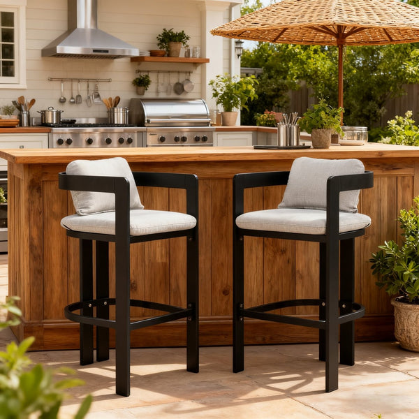 English Elm Christopher Knight Home® - Pula Weatherproof Aluminum Counter Stools Set of 2 — Black Frame, Grey Olefin Cushions, Ergonomic Bar Chairs N775P361567G