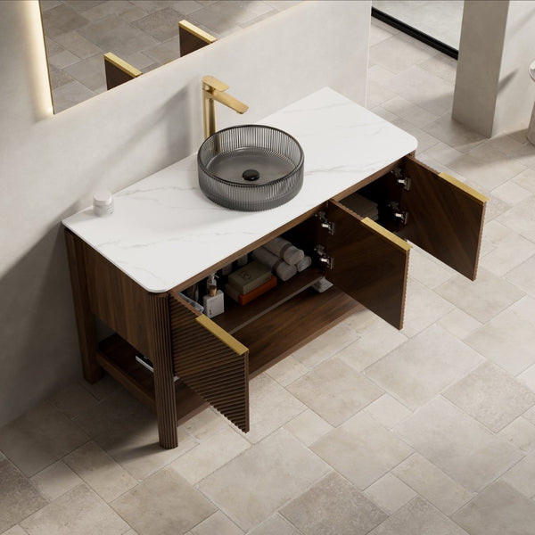 English Elm Dipa 48 Inch Floating Bathroom Vanity Walnut Cabinet Sintered Stone Top Led Sensor W2615S00731