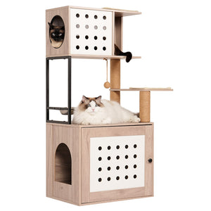 English Elm Cat Tower with Hidden Litter Enclosure Hammock Bed Feeding Station Scratching Posts W1687P304379
