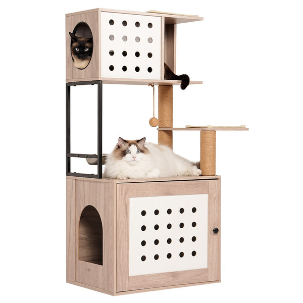 English Elm Cat Tower with Hidden Litter Enclosure Hammock Bed Feeding Station Scratching Posts W1687P304379