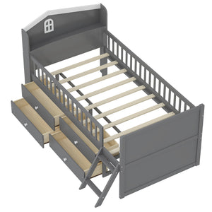 English Elm Twin Bed Frame with Storage Drawers and House Headboard, Kids Platform Bed with Guardrail Ladder and Shelf Gray 49.3 L x 16.25 W x 7.75 H N733S278032E