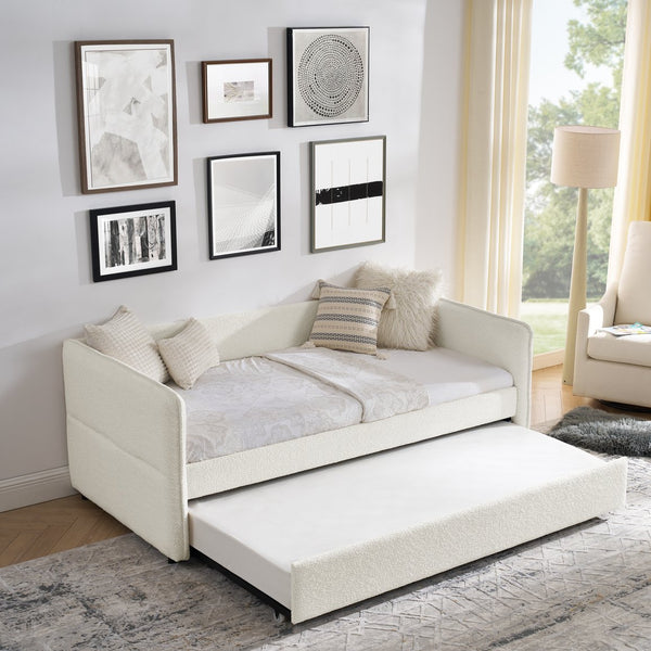 English Elm Daybed With Trundle - Elegant Tufted Sofa Bed In Soft Beige Boucle For Stylish Small Spaces & Guests W1413S00092