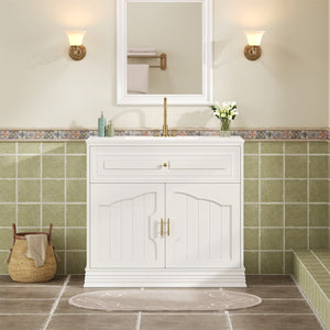 English Elm 36" Luxurious Bathroom Vanity with Ceramic Sink and Soft-Close Doors, Solid Wood Frame, Adjustable Shelves White N710P288944K