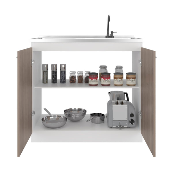 English Elm Zurich Freestanding Stainless Steel Utility Sink with Black Storage Cabinet for Garage Light Espresso B200S00459