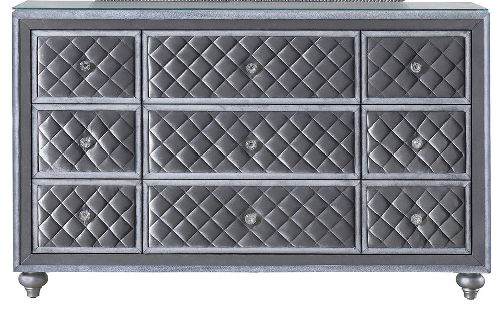 English Elm 1pc Cameo 5-Drawer Chest Velvet Tufted Front with Faux Crystal Knobs — Stylish Bedroom Storage Gray 64 L x 19 W x 42 H B011P228579