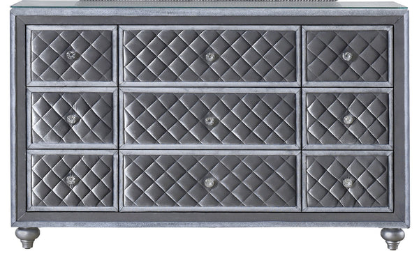 English Elm 1pc Cameo 5-Drawer Chest Velvet Tufted Front with Faux Crystal Knobs — Stylish Bedroom Storage Gray 64 L x 19 W x 42 H B011P228579