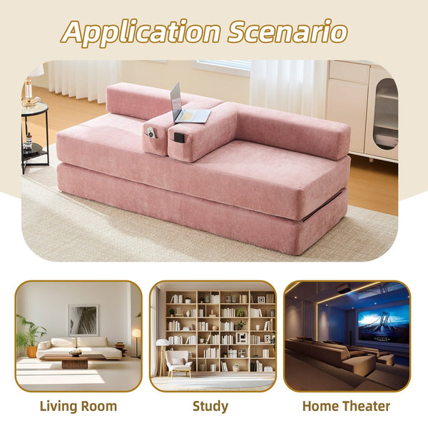 English Elm UNITED Folding Sofa Bed with Removable Cover Zipper, Chenille Memory Foam Sleeper for Small Spaces Pink W1568P293810