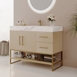 English Elm 36" Freestanding Bathroom Vanity Sintered Stone Top Gold Hardware Wood Cabinet W3136S00055
