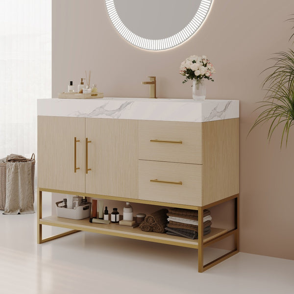 English Elm 36" Freestanding Bathroom Vanity Sintered Stone Top Gold Hardware Wood Cabinet W3136S00055
