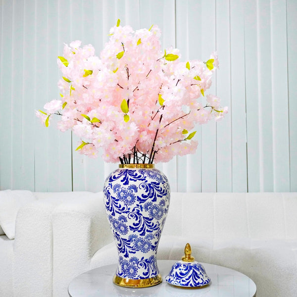 English Elm White Ceramic Ginger Jar Vase With Removable Lid, Blue & Gold Accents For Elegant Home Décor B030P243615-GIGA