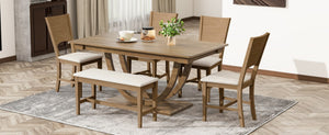 English Elm Topmax Six Piece Rubberwood Dining Set with Bench Linen Seats Sculptural Modern Style Brown N717S000029D