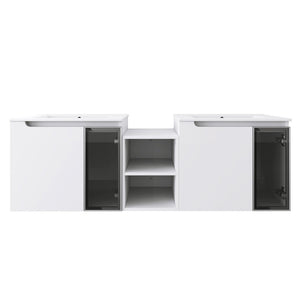 English Elm 60" Floating Double Sink Bathroom Vanity Glossy White Plywood with Frosted Glass Doors W999S00532