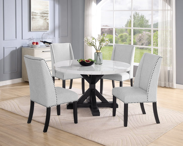 English Elm 5Pc Vance Dining Set - Elegant White Faux Marble Table & Gray Upholstered Wing-Back Chairs, Black Finish B011S00991