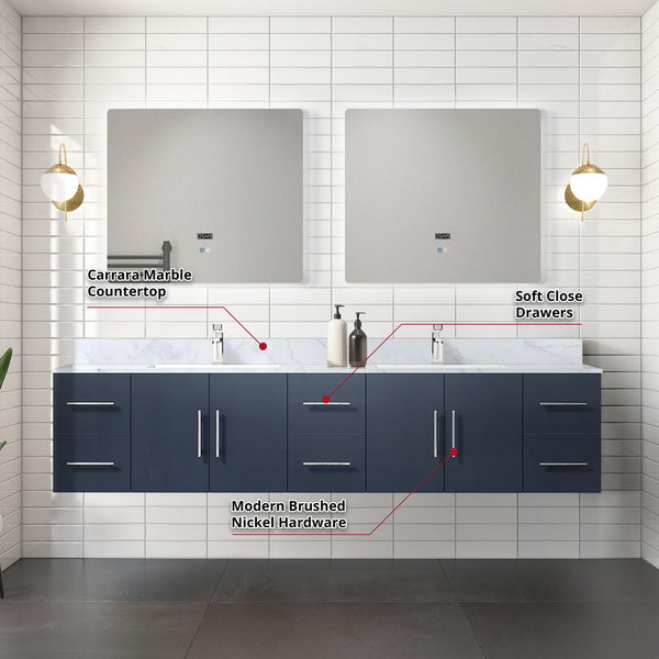 English Elm Navy Double Bath Vanity 84" W x 22" D with Carrara Marble Top, Chrome Faucet & 36" LED Mirrors Durable Finish B2731S01052