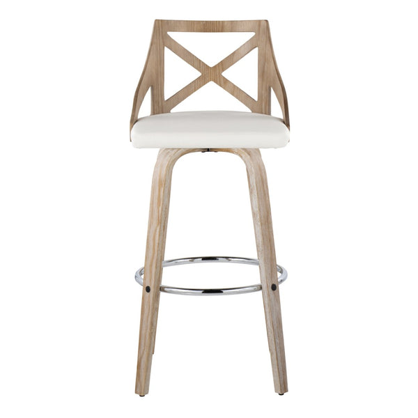English Elm Fixed-height Swivel Barstools Whitewashed Wood Faux Leather Seat Chrome Footrest Set 2 B202S01890