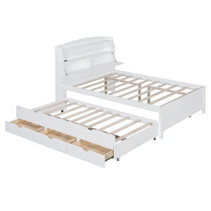 English Elm Full Size Wooden Led Platform Bed With Trundle, Storage Headboard, Usb Ports, And Drawers In White N820S10009K
