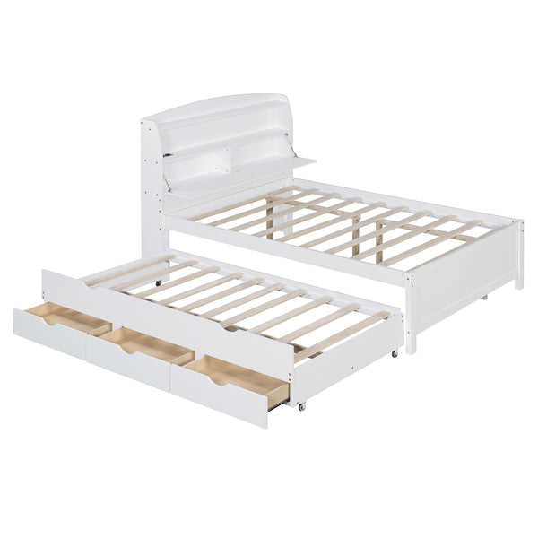 English Elm Full Size Wooden Led Platform Bed With Trundle, Storage Headboard, Usb Ports, And Drawers In White N820S10009K