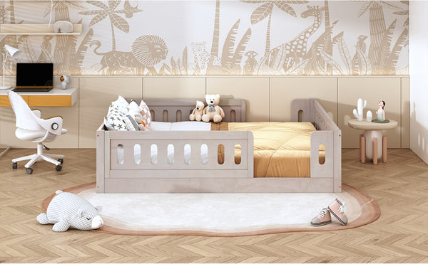 English Elm Wood Full Size Kids Platform Bed Solid Pine Guardrail Low Profile Safe Sleep Frame Natural N709P321458N