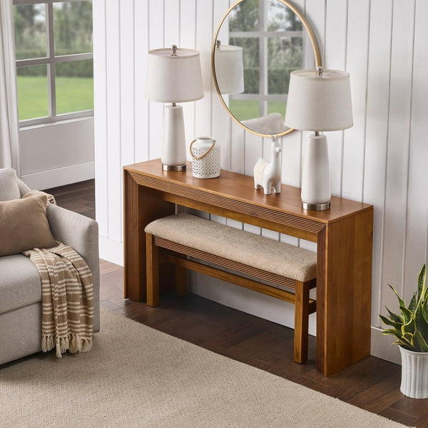 English Elm Fluted Counter Height Dining Set Narrow Bar Console with Upholstered Stool Retro Wood Brown W1202P330888