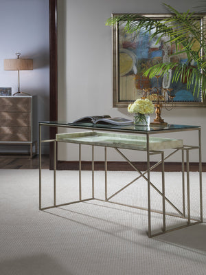 Lexington Artistica Home Cumulus Capiz Writing Table - Elegant Glass Surface With Unique Capiz Shell Shelf And Iron Base Champagne Wood 2156-933c