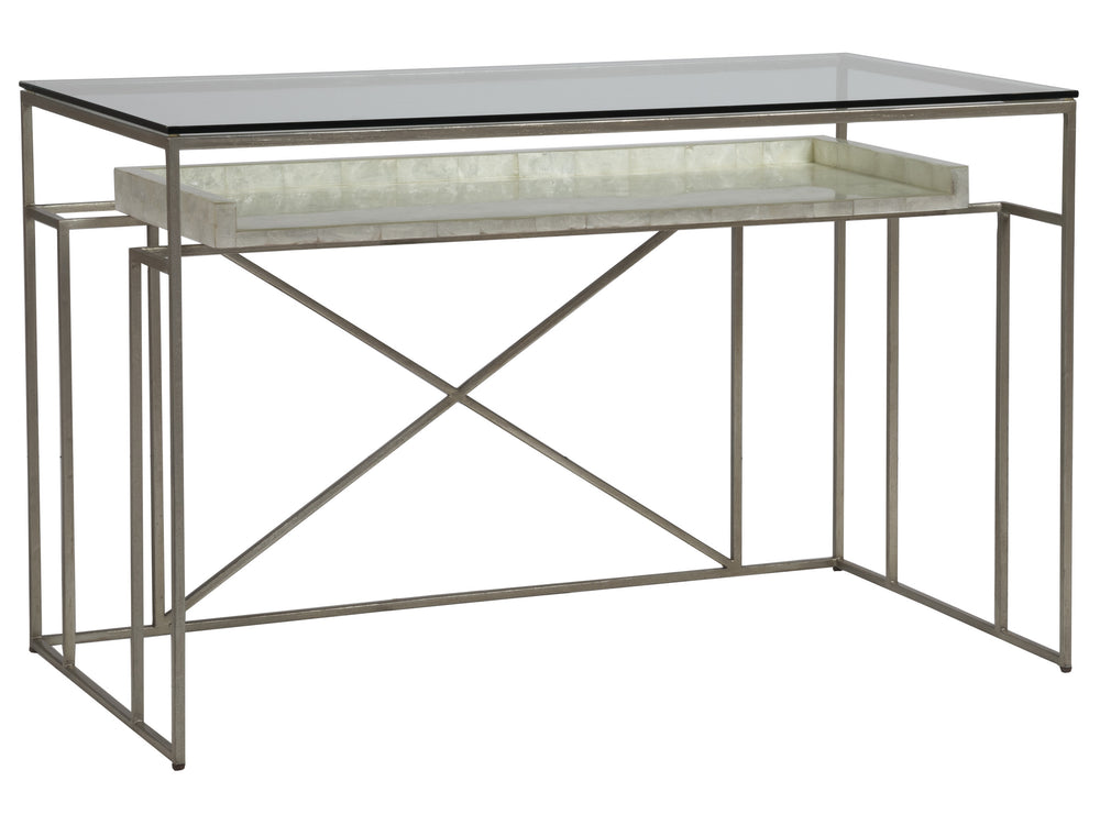 Lexington Artistica Home Cumulus Capiz Writing Table - Elegant Glass Surface With Unique Capiz Shell Shelf And Iron Base Champagne Wood 2156-933c