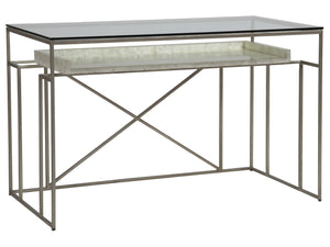 Lexington Artistica Home Cumulus Capiz Writing Table - Elegant Glass Surface With Unique Capiz Shell Shelf And Iron Base Champagne Wood 2156-933c