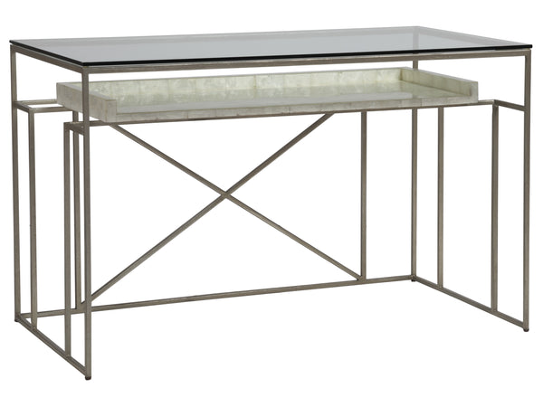 Lexington Artistica Home Cumulus Capiz Writing Table - Elegant Glass Surface With Unique Capiz Shell Shelf And Iron Base Champagne Wood 2156-933c