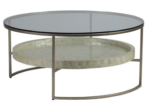 Lexington Artistica Home Cumulus Capiz Cocktail Table - Stunning Artistry With Unique Shell Shelf And Elegant Glass Top Design Champagne Wood 2156-943c