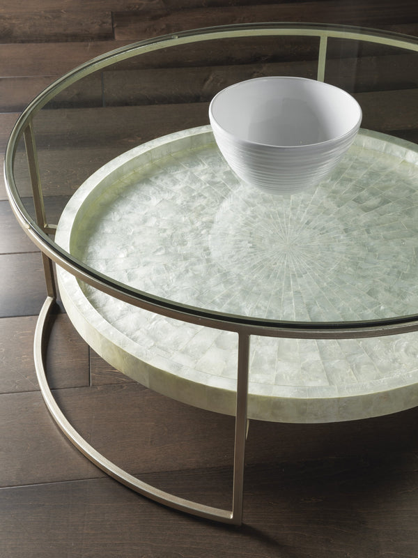 Lexington Artistica Home Cumulus Capiz Cocktail Table - Stunning Artistry With Unique Shell Shelf And Elegant Glass Top Design Champagne Wood 2156-943c