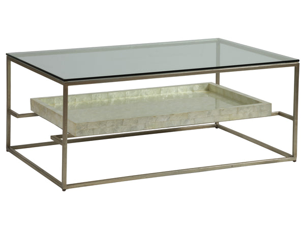 Lexington Artistica Home Cumulus Capiz Cocktail Table - Stunning Artistry With Unique Shell Shelf And Elegant Glass Top Design Champagne Wood 2156-945c