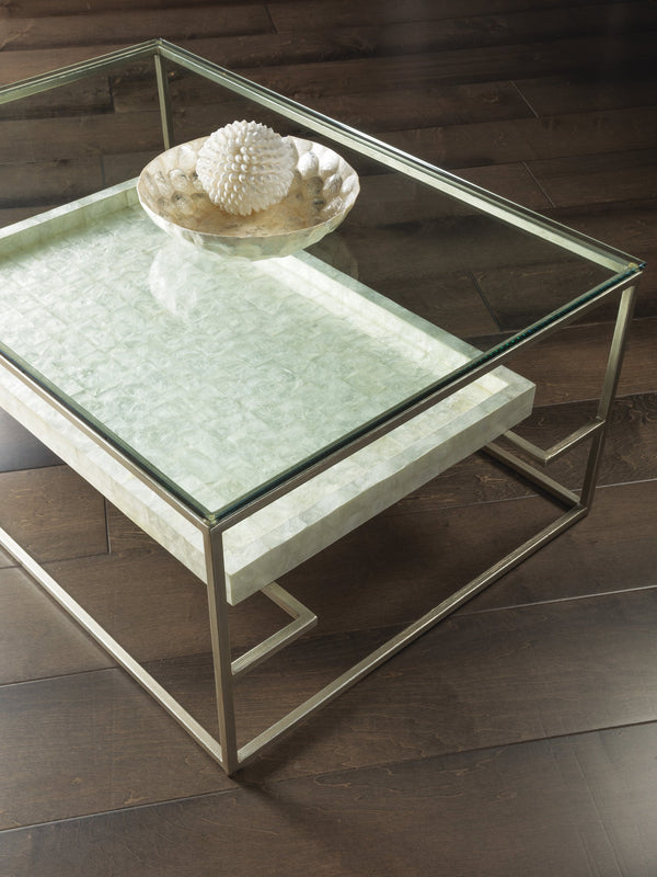 Lexington Artistica Home Cumulus Capiz Cocktail Table - Stunning Artistry With Unique Shell Shelf And Elegant Glass Top Design Champagne Wood 2156-945c