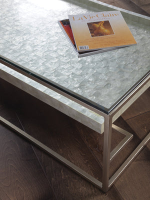 Lexington Artistica Home Cumulus Capiz Cocktail Table - Stunning Artistry With Unique Shell Shelf And Elegant Glass Top Design Champagne Wood 2156-949c