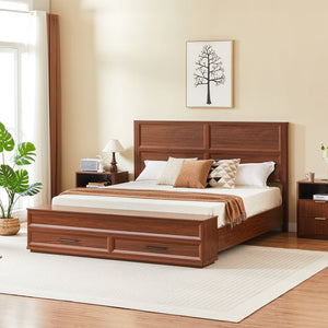 English Elm Queen Storage Bed with Geometric 3d Headboard Four Drawers and Walnut Finish W1820S00056