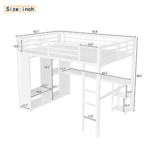 English Elm Queen Size Loft Bed Frame With Wardrobe, Desk & Storage Shelves - Modern Metal Design In White W1580S00123-GIGA