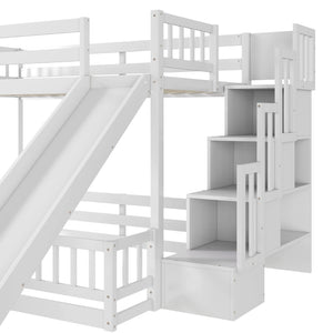 English Elm Twin Over Full Bunk Bed Solid Pine Frame with Built-in Slide and Storage Staircase White W504S00290