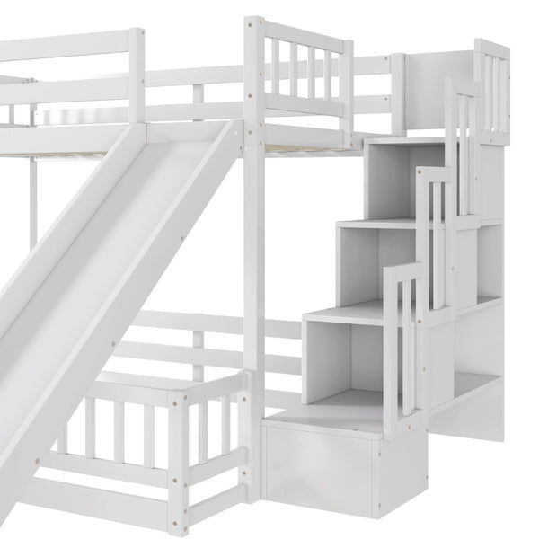 English Elm Twin Over Full Bunk Bed Solid Pine Frame with Built-in Slide and Storage Staircase White W504S00290