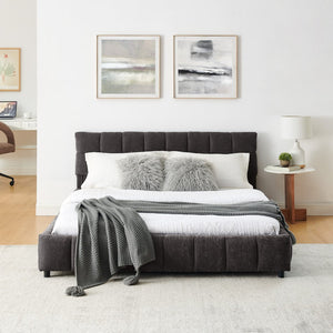 English Elm Queen Chenille Upholstered Platform Bed with Storage Drawers and Padded Headboard Dark Gray W487P235286